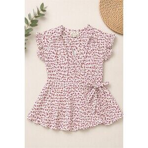 Monteau Wrap Dress Womens Size S White Pink Red Floral Ruffle Flutter